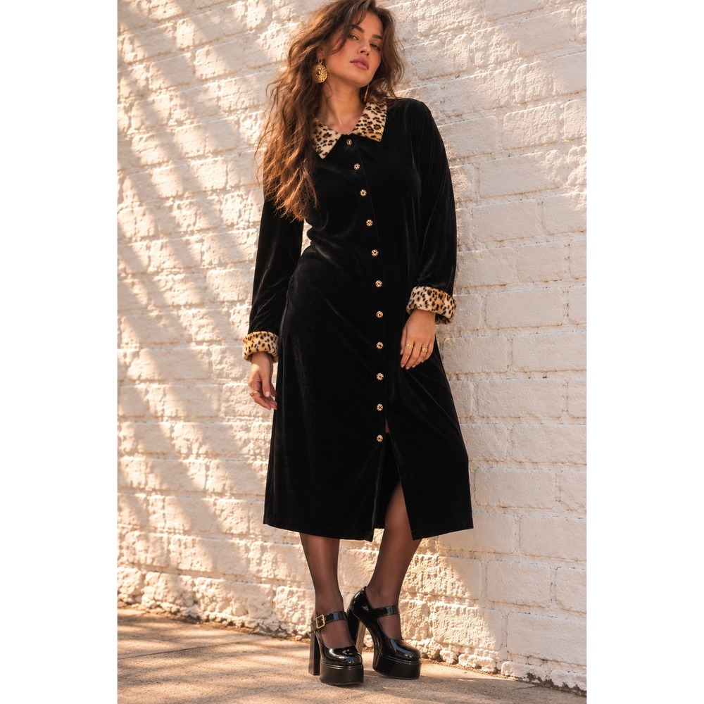 Vintage Ronni Nicole Black Velvet Leopard Trim Shirt Dress Retro 90s Size 18